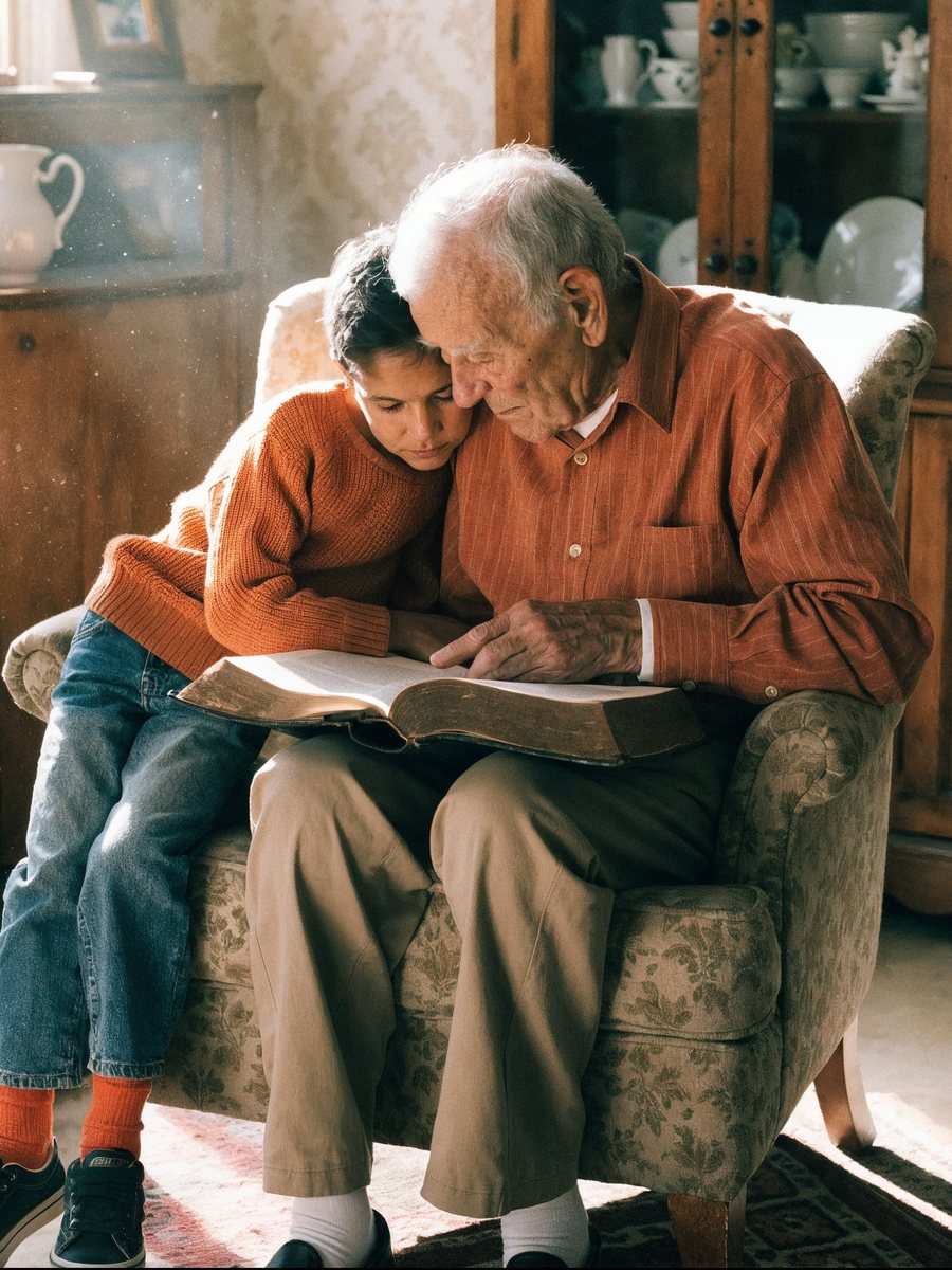 An elderly man and a young child sitting together in an armchair, reading an open Bible in afternoon light.
